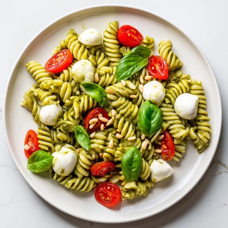 Freshly tossed cold pasta salad with pesto, perfect for a light lunch, with basil and pine nuts.