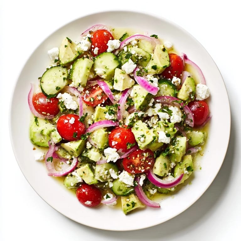 Bright red tomatoes and creamy avocado star in this easy Fresh Salad with feta cheese.