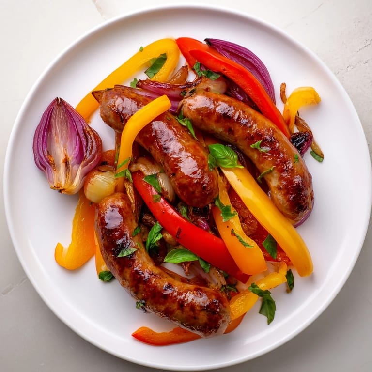 A close-up of sheet pan Roasted Italian Sausage, Peppers, and Onions, the peppers are caramelized and the sausage perfectly browned.