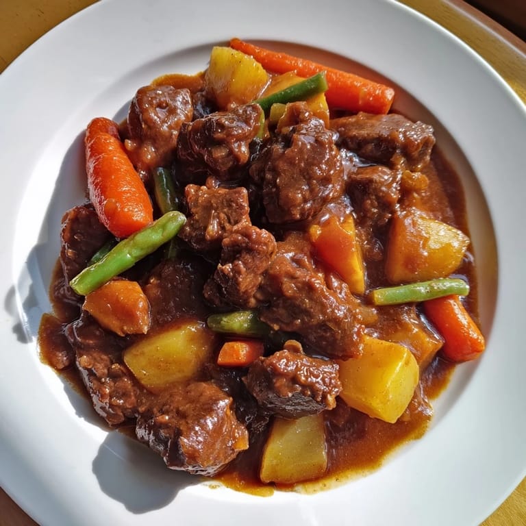 Close-up of a rustic bowl of hearty pressure cooker beef and vegetable stew, ready to enjoy.