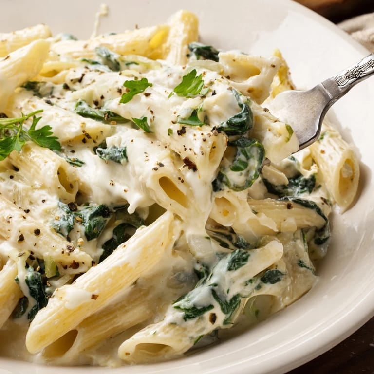 Close-up of The Magic Casserole: creamy spinach pasta, with visible spinach and a flavorful, rich sauce.