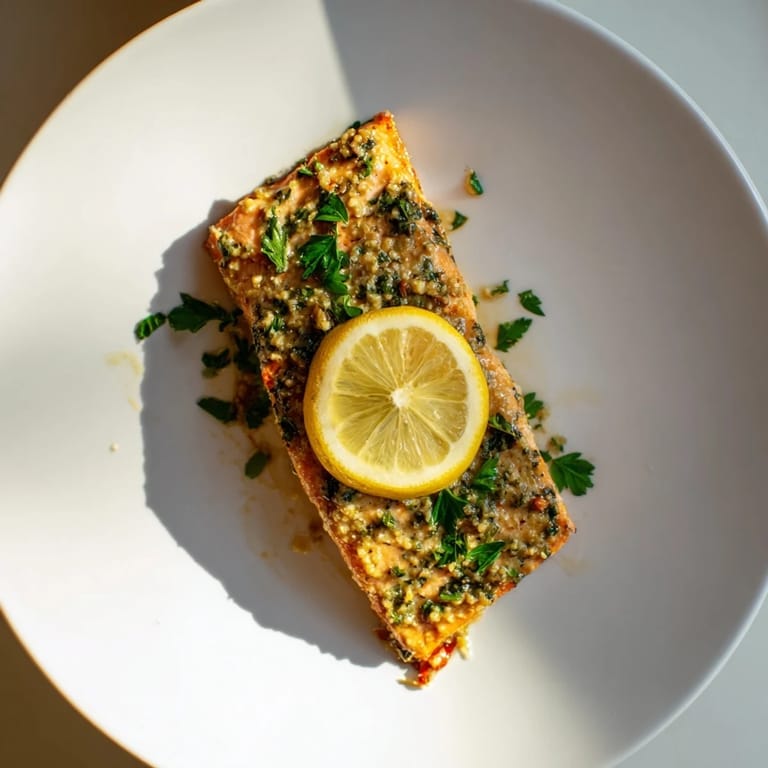 Broiled Express Supper: Honey mustard glazed salmon, ready to serve with fresh parsley and lemon wedges.