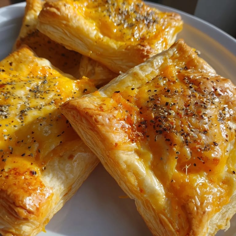 Crispy-edged Cheese and Spice Puff Pastry Bites showcasing a medley of melted cheeses and herbs, great for sharing.