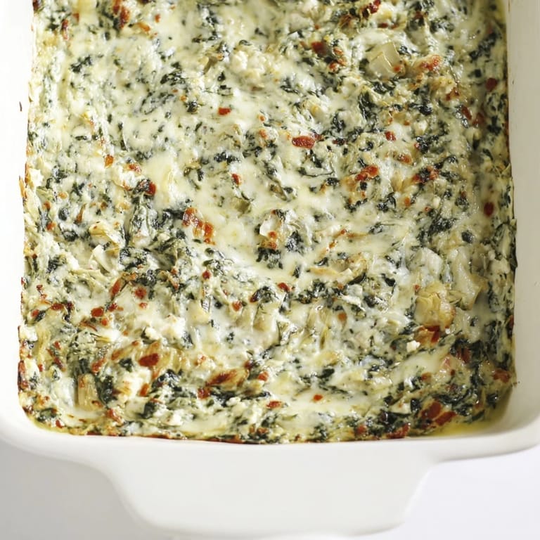 Close-up of a creamy Warm Spinach and Artichoke Dip, a comforting appetizer with rich, cheesy flavors.