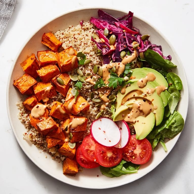 This Complete Veggie Bowl showcases a vibrant mix of fresh greens, drizzled with creamy tahini vinaigrette.