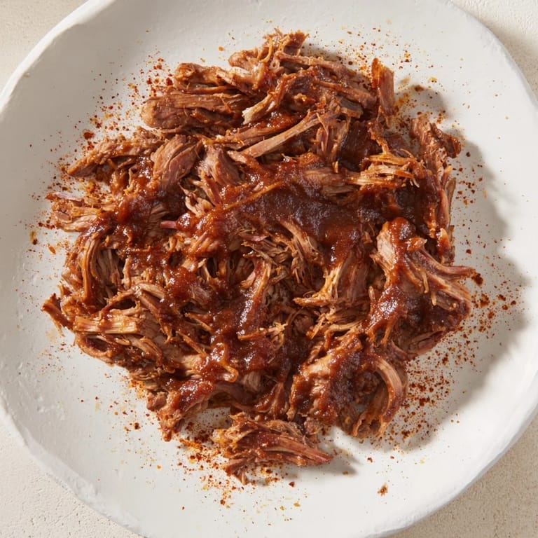 Close-up of savory 5-Ingredient BBQ Pulled Pork, with rich sauce and a perfect texture for serving.