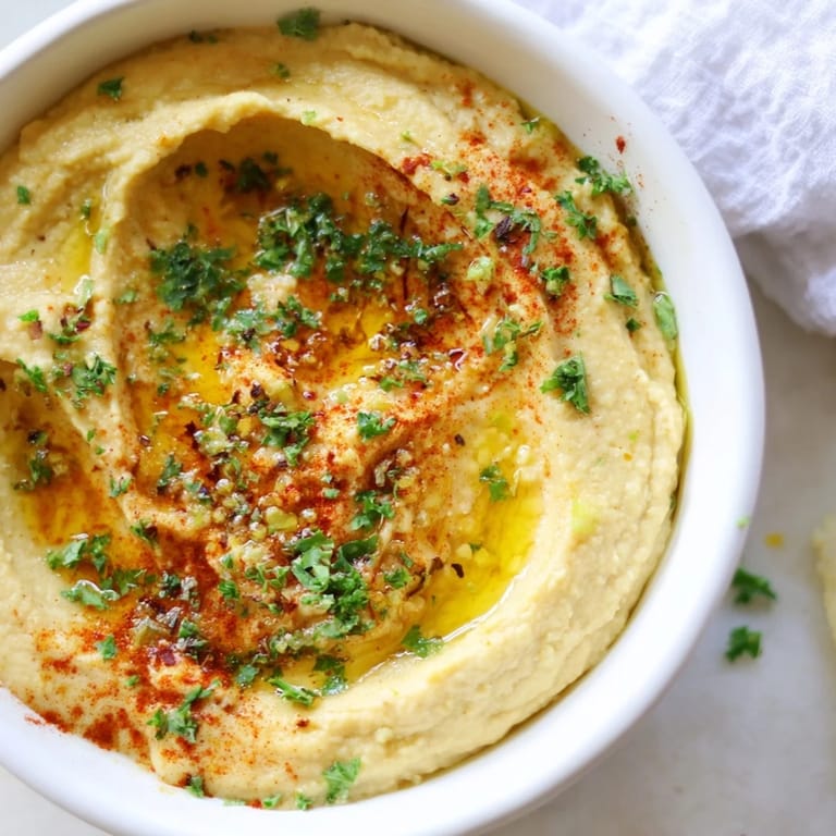 Close-up of freshly made Perfect 5-Minute Homemade Hummus, perfect for dipping vegetables or pita bread.