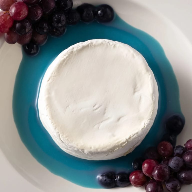 A visually stunning The Floating Island recipe, featuring a whole cheese "island" ringed by juicy grapes.
