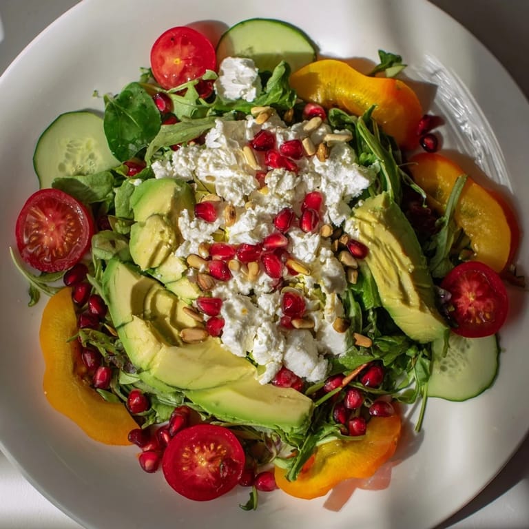 A beautiful serving of Golden Ratio Salad: fresh ingredients drizzled with a tangy dressing.