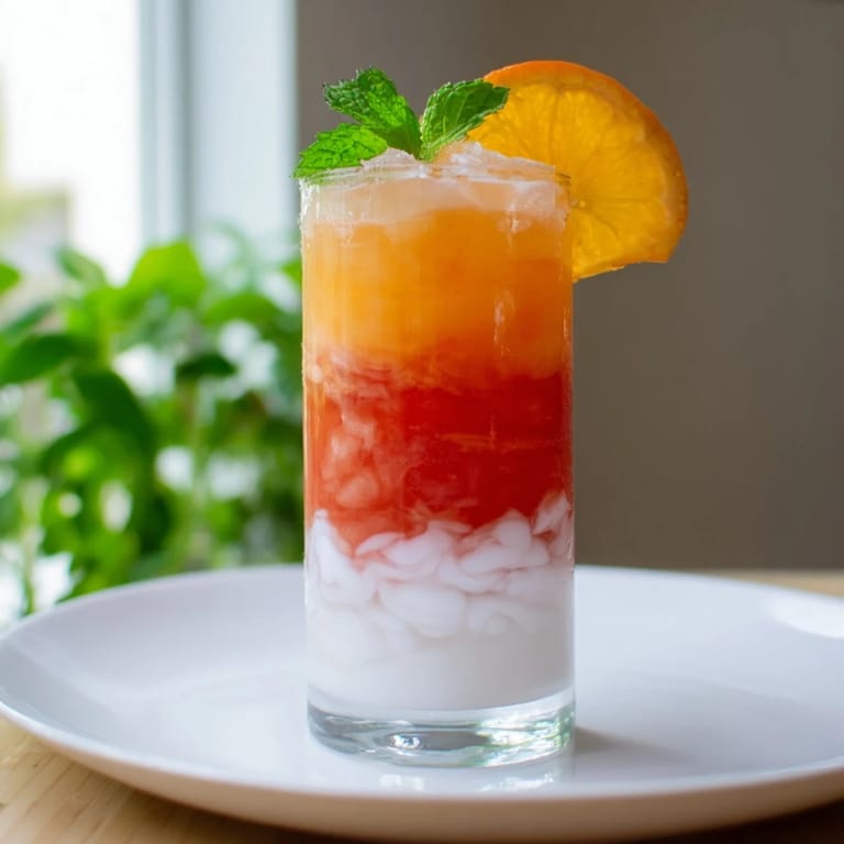A refreshing Alpine Sunrise, a vibrant non-alcoholic beverage with coconut and orange layers, perfect for brunch.