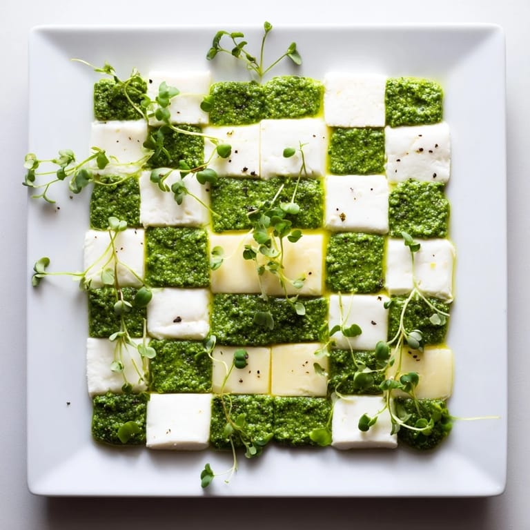 Beautifully presented Checkerboard Garden appetizer, a visually striking mix of cheeses and herbed squares ready to be enjoyed.