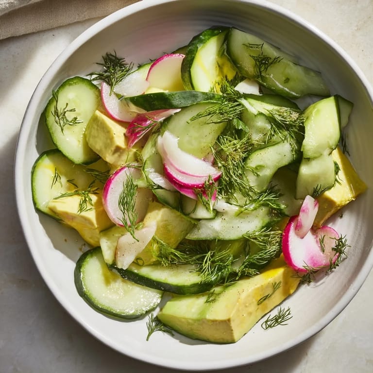 Vibrant Cucumber and tinned fish date night salad, a pescatarian delight, layered and dressed to perfection.
