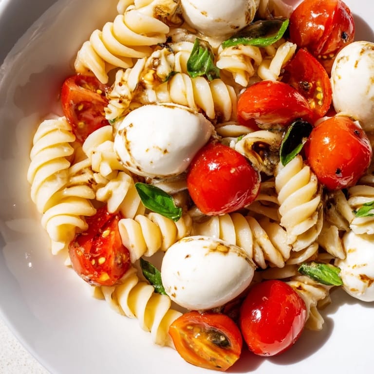 Fresh Caprese Pasta Salad with creamy mozzarella and basil, drizzled with a balsamic glaze.