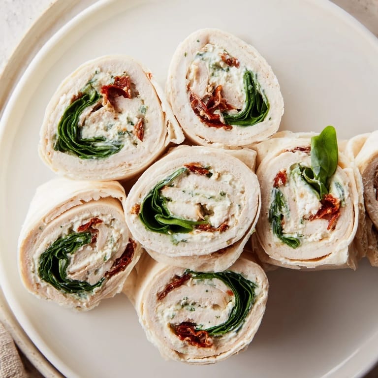 Freshly made Sun-dried tomato turkey roll-ups, a quick and satisfying lunch or snack with fresh spinach visible.