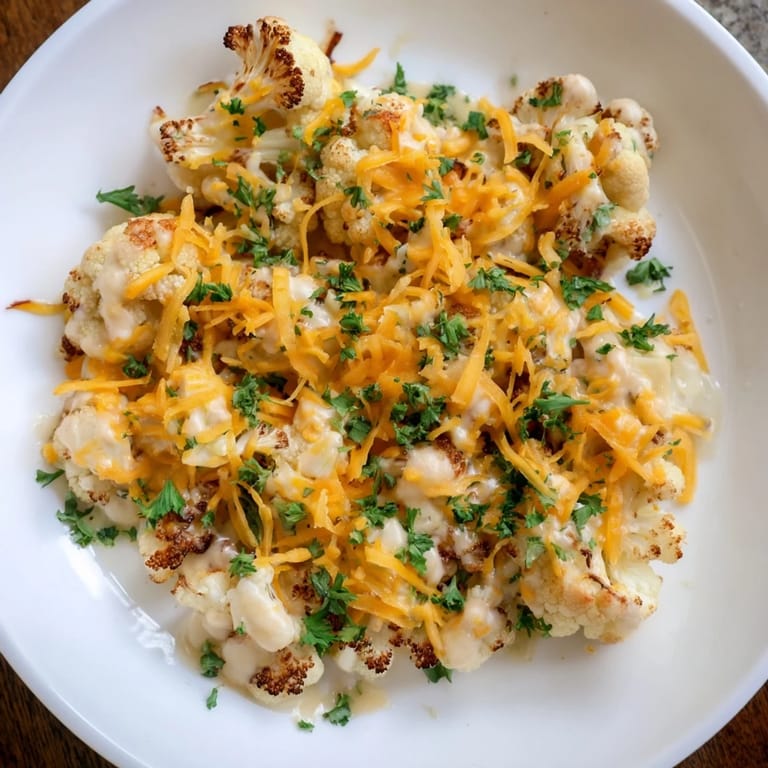 A close-up of a cheesy, golden Cheesy Cauliflower Mac with a sprinkle of fresh parsley on top.