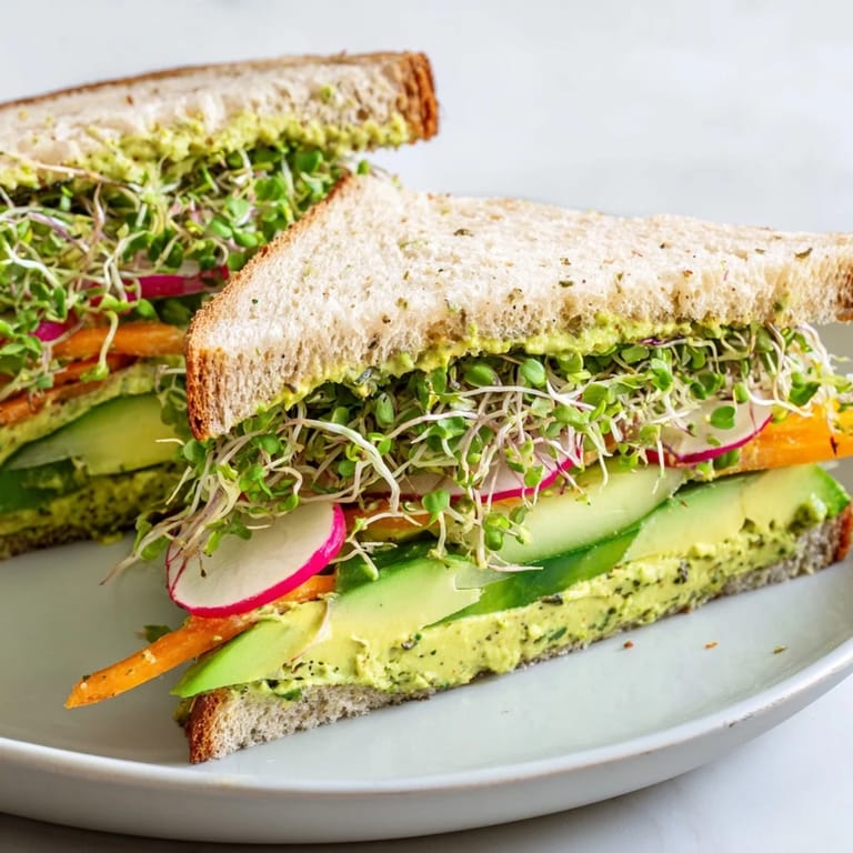 A visually appealing Green Goddess Sandwich, piled high with colorful ingredients on toasted bread.