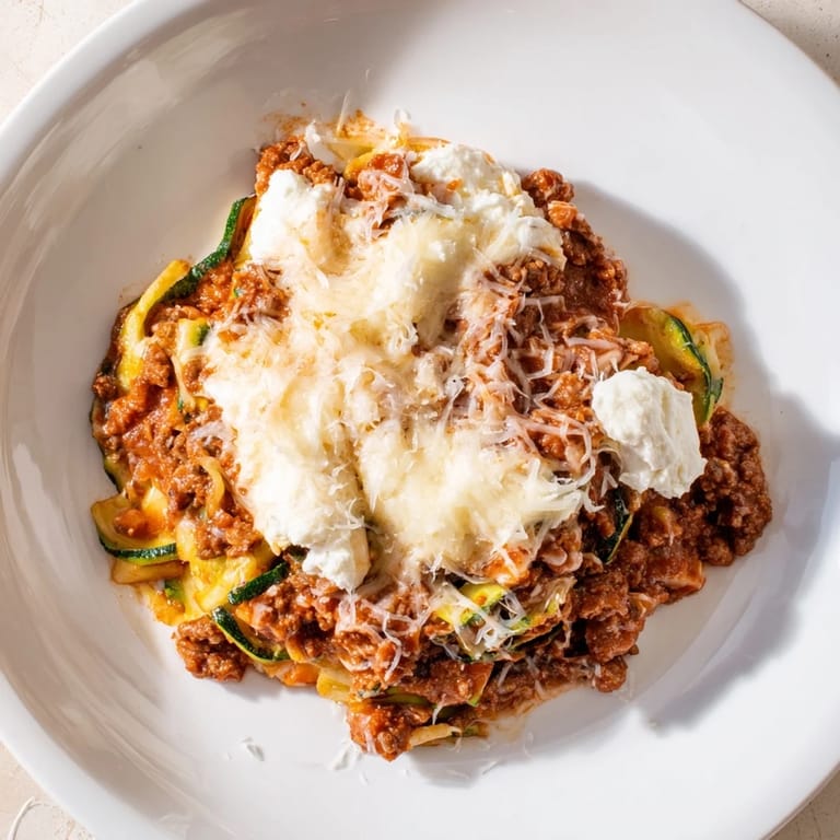 A hearty, low-carb Zucchini Lasagna Skillet with melted mozzarella and rich tomato sauce, ready to eat.