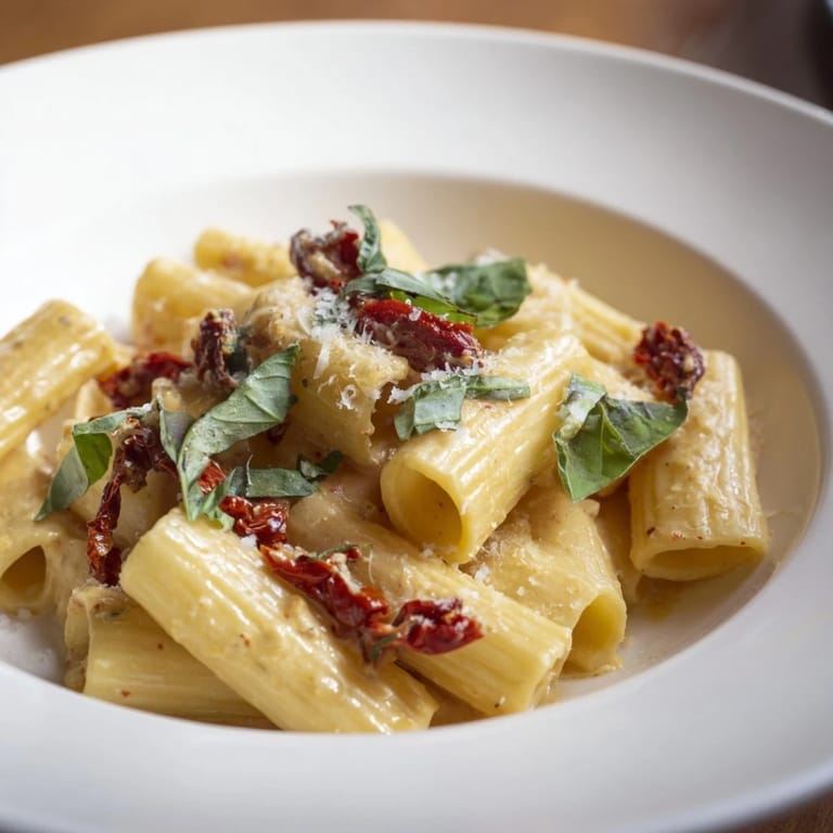 A vibrant bowl of Creamy Sun-Dried Tomato Pasta showcasing glistening noodles and flavorful Parmesan.