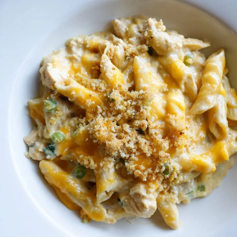 A tempting bowl of Jalapeño Popper Chicken Pasta, with visible chicken and pepper pieces.