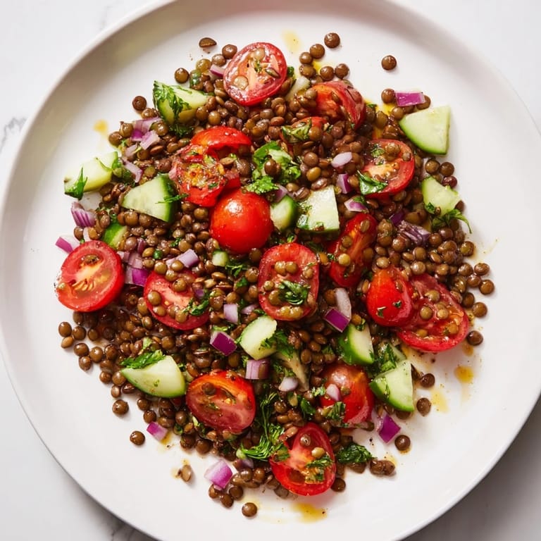 Enjoy this refreshing lentil salad, complete with diced cucumber and a flavorful vinaigrette drizzle.