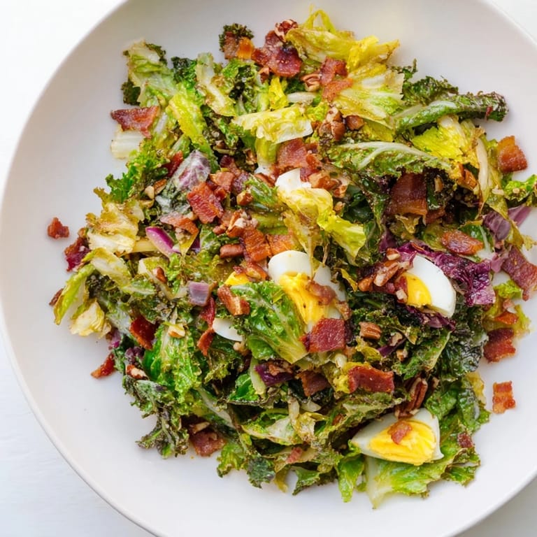 A hearty and aromatic Bitter Greens Salad with Warm Bacon Dressing, ready to eat, tastes delicious.