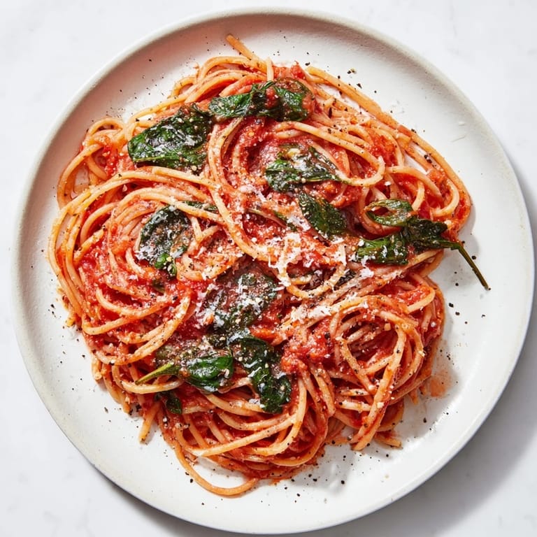 Warm bowl of Quick Marinara Pasta with Spinach, topped with Parmesan cheese and fresh basil, ready to enjoy.
