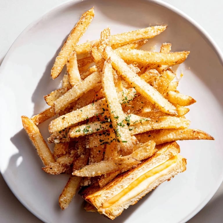 Indulge in a plate of rich beef tallow French fries, alongside a melted, cheesy grilled cheese sandwich.