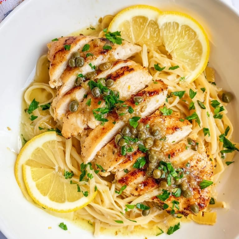 Al dente pasta with chicken piccata, the tender chicken cutlets glistening with a flavorful lemon-caper sauce.