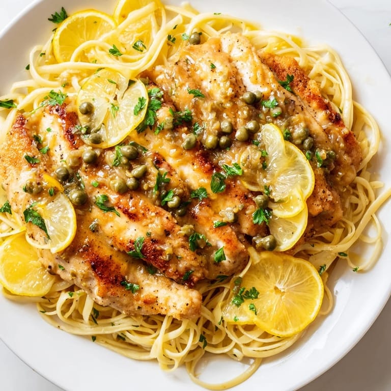 A close-up of quick chicken piccata pasta, showing delicious sauce drizzled over the perfectly cooked meal.