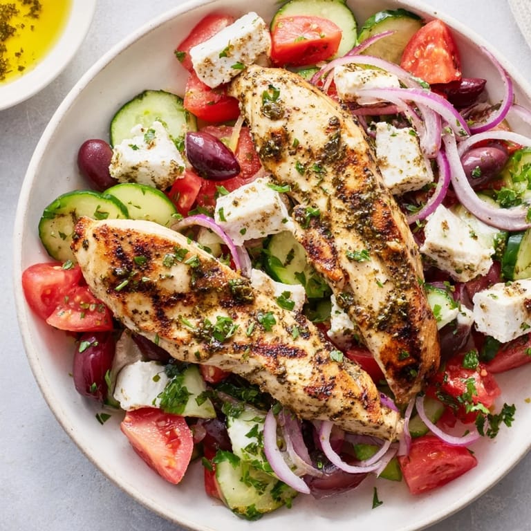 A light and healthy Greek Salad with grilled chicken, perfect for a summer lunch enjoyed outdoors.