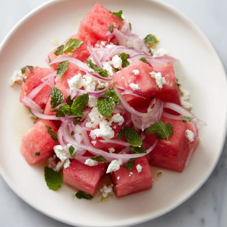 Close-up of Watermelon Feta Salad: Sweet watermelon, tangy feta, and a minty lime dressing.