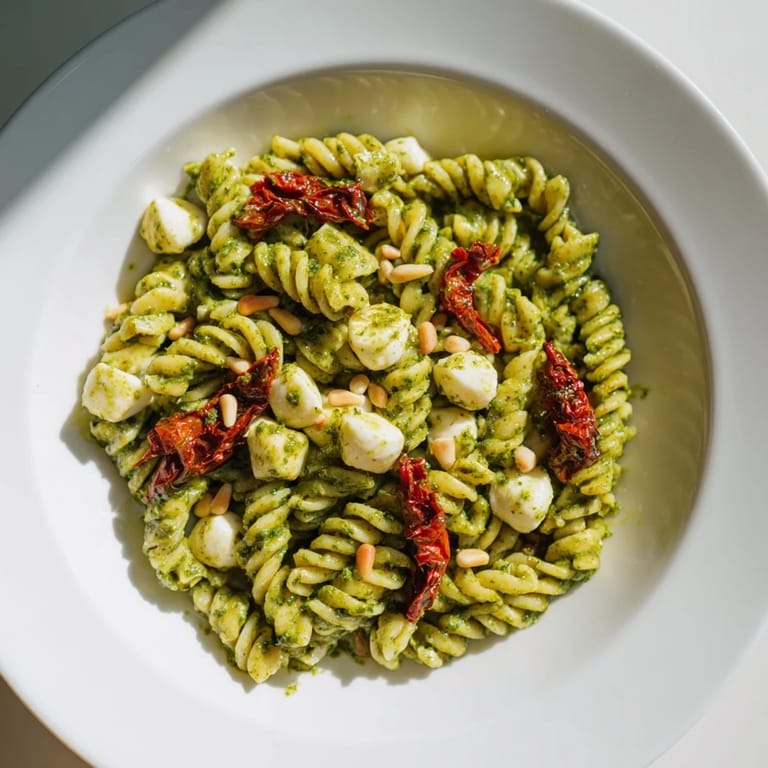 Vibrant Pesto Pasta Salad with toasted pine nuts, a vegetarian Italian dish ready in minutes.