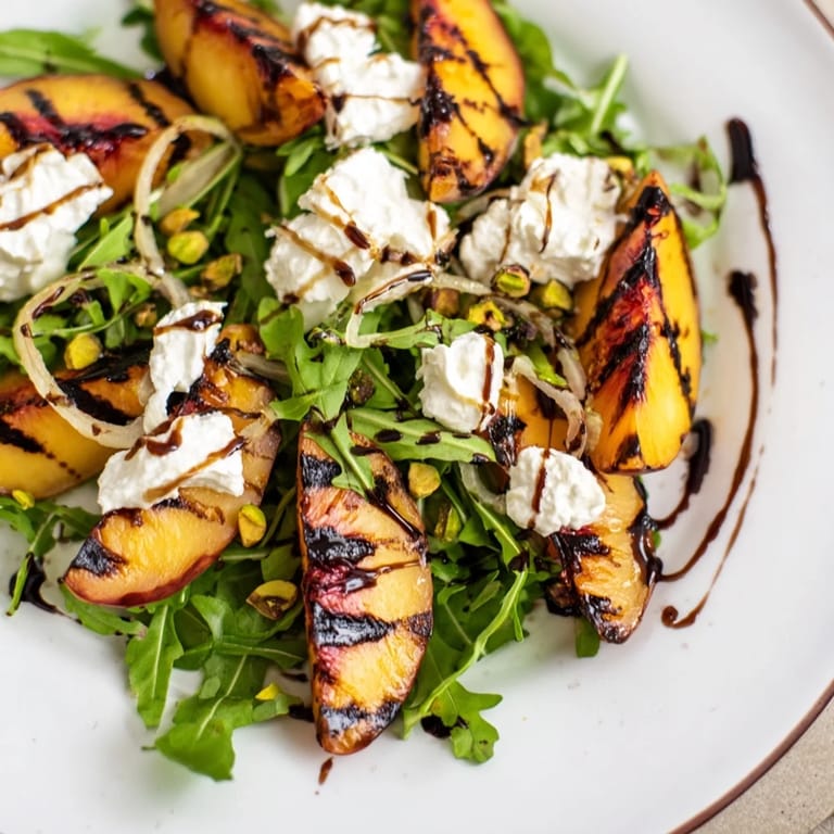 Fresh Grilled Peach Salad featuring peppery greens, creamy cheese, and glistening balsamic.