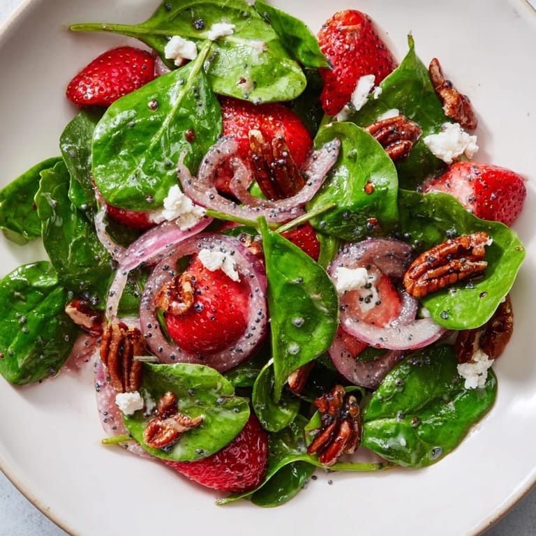 Served in a large bowl, this Strawberry Spinach Salad showcases beautiful colors and textures.