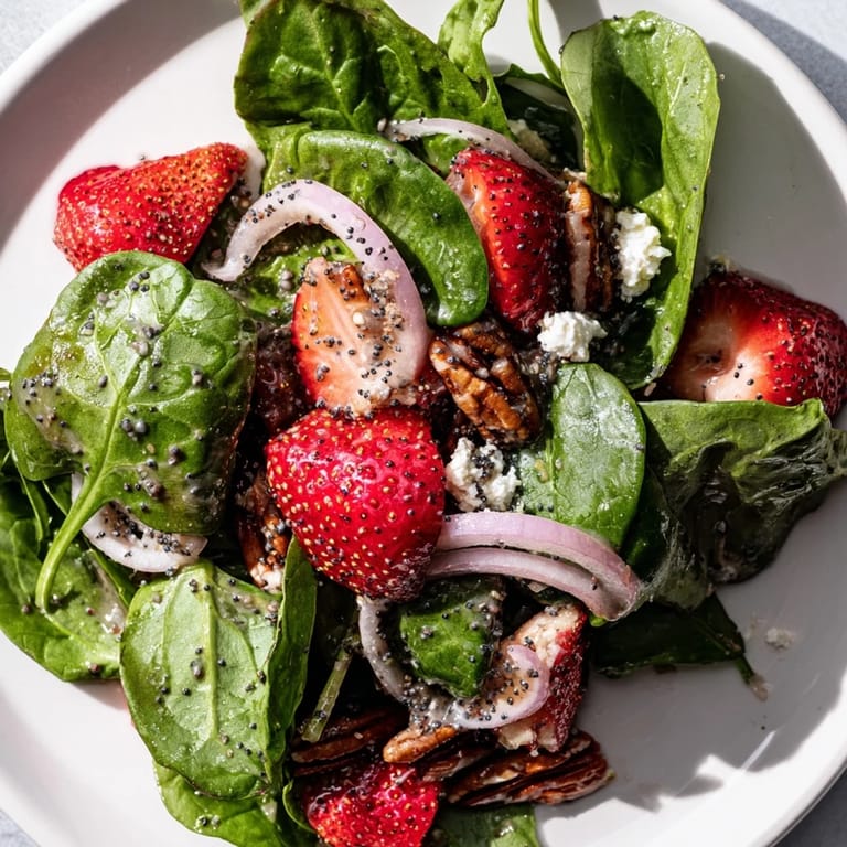 A close-up shot of a refreshing Strawberry Spinach Salad, perfect for summer entertaining with feta.