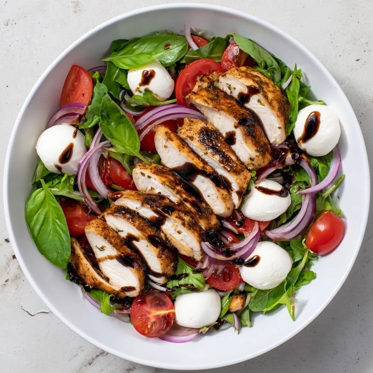 Close-up of a plated Caprese Chicken Salad, showcasing grilled chicken and creamy mozzarella.