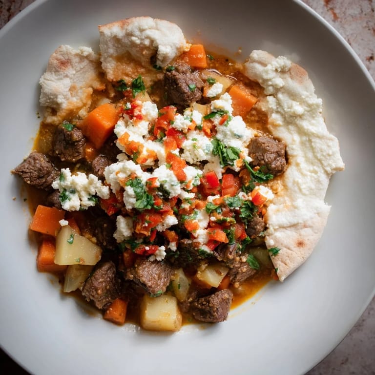 Close-up of savory Yemeni Saltah stew, fragrant spice-infused broth, and creamy fenugreek foam.