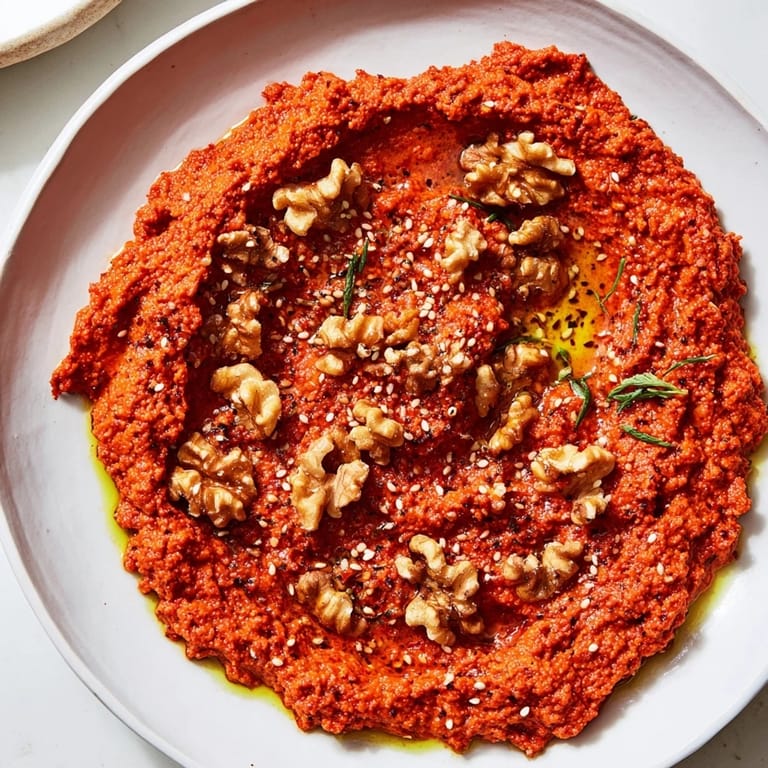 Vibrant red Syrian Muhammara with toasted walnuts and a drizzle of olive oil, perfect appetizer.