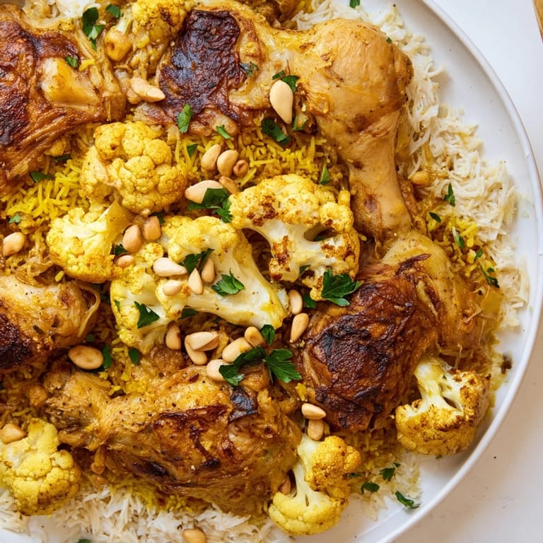 A steaming, inverted Maklouba: fragrant spiced rice and tender chicken on a serving platter.