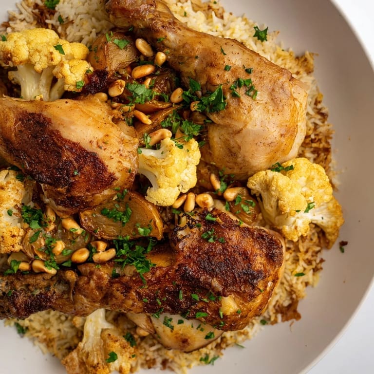 Savory Maklouba: the inverted Palestinian feast of rice, chicken, and vegetables, ready to serve.