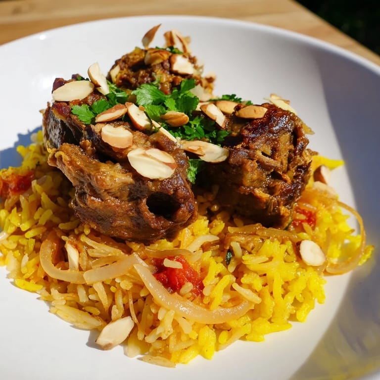 Close-up of a plated Qatari Majboos, the rich spiced broth soaking into the basmati rice.