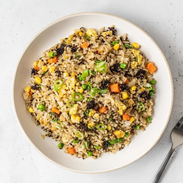 A close-up of Black Garlic Fried Rice shows tender mixed vegetables and fluffy grains, steaming beside chopsticks and a spoon.  