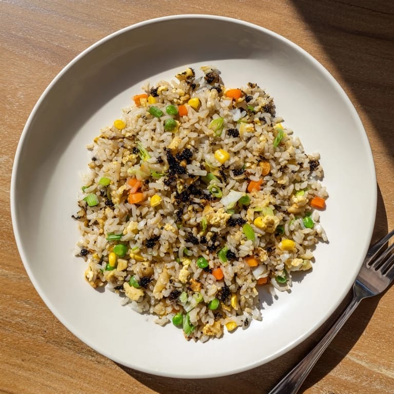 Hearty Black Garlic Fried Rice sizzles in a wok, featuring caramelized onions and vibrant peas, carrots, and corn for a savory meal.