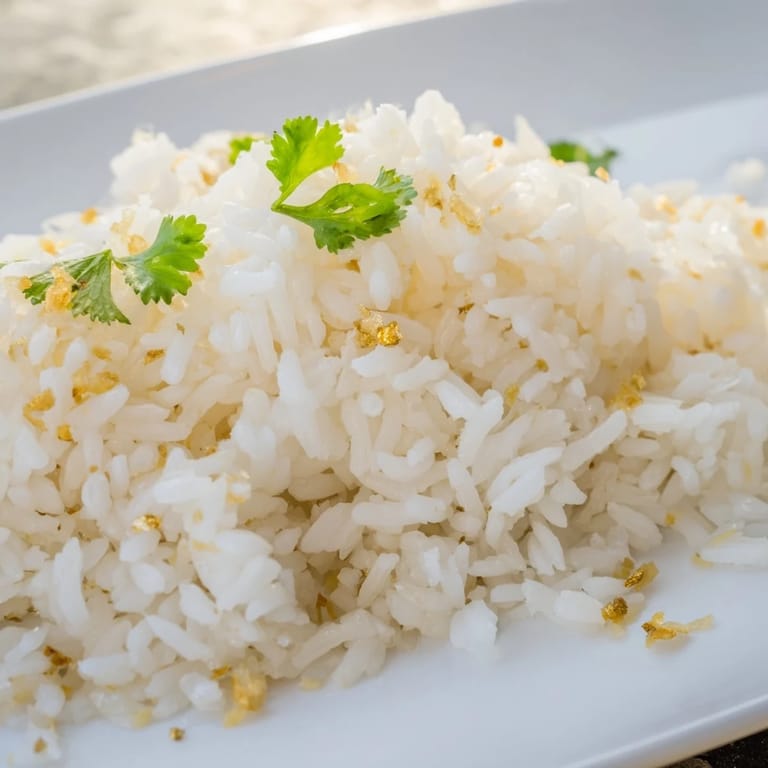 A close-up of fluffy Jasmine Rice Garlic in a white bowl, topped with scallions, beside a stir-fry for serving.