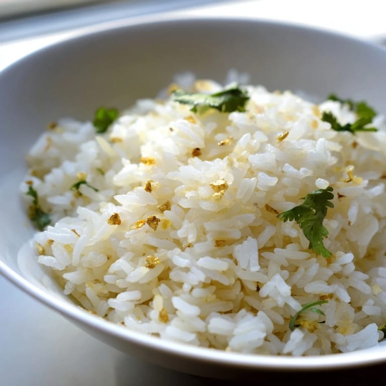 A wooden spoon lifts aromatic Jasmine Rice Garlic from the pot, revealing light golden garlic bits in the fluffy grains.