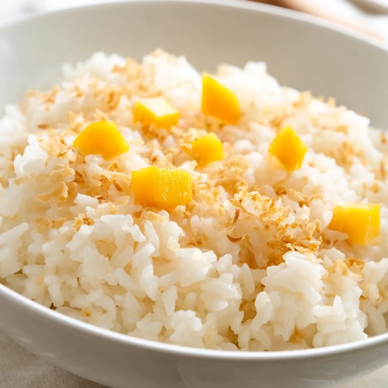 Fluffy Coconut Rice Sweet garnished with pineapple pieces and a drizzle of coconut milk.