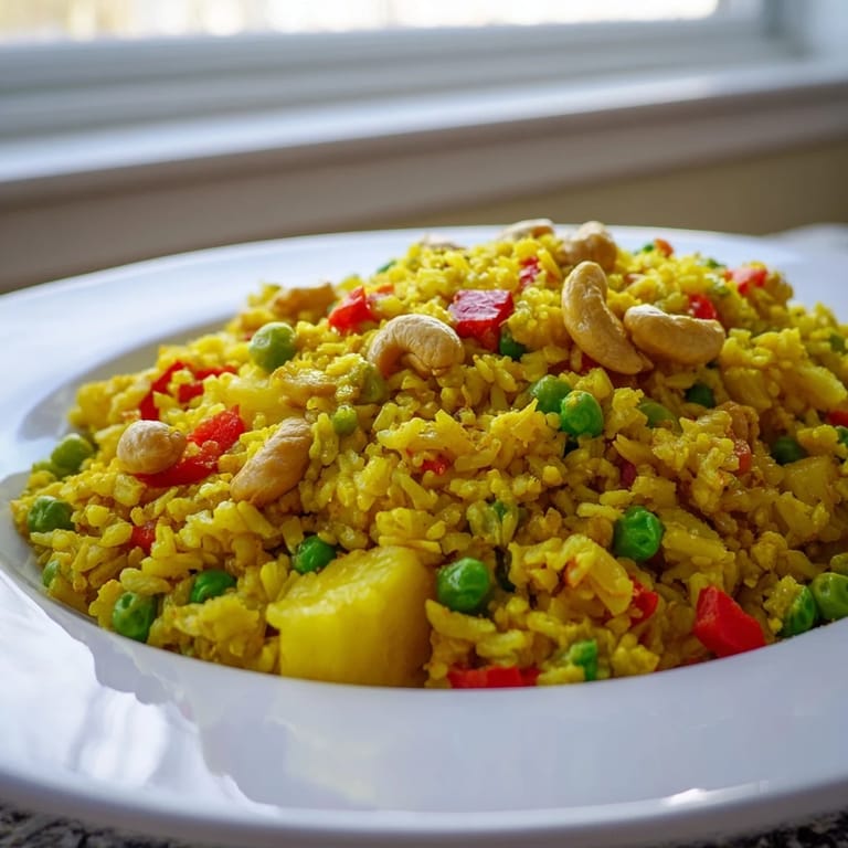 Colorful Pineapple Fried Rice with sweet pineapple chunks, crisp veggies, and savory cashews in a festive presentation.  