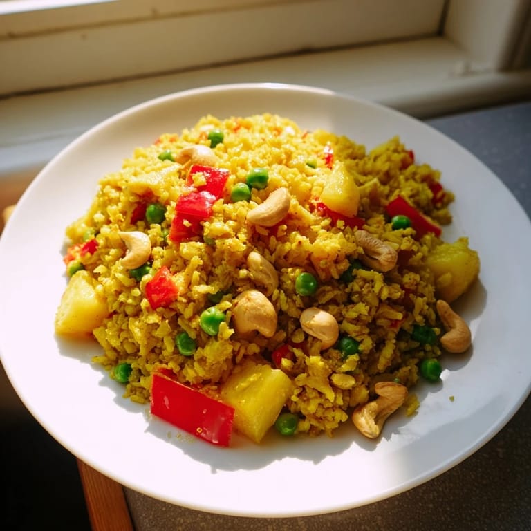 Aromatic Thai-style Pineapple Fried Rice with golden curry notes, scallions, and juicy pineapple in a natural shell.