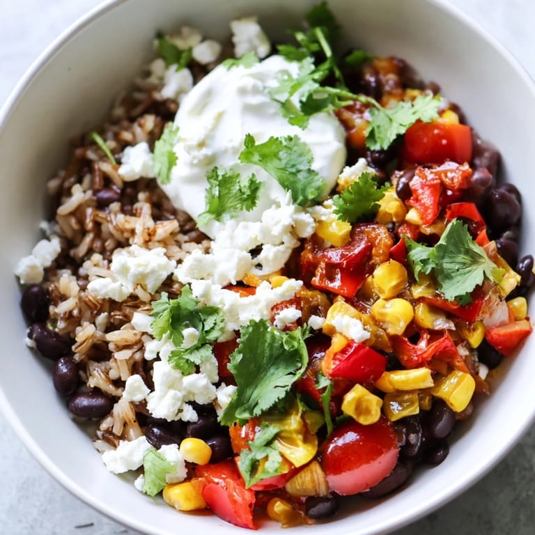 A vibrant Brown Rice Burrito Bowl with fluffy rice, hearty black beans, colorful bell peppers, and creamy avocado slices.