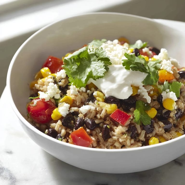 Enjoy this wholesome Brown Rice Burrito Bowl topped with melted queso, sour cream, and fresh cilantro, served with lime wedges.